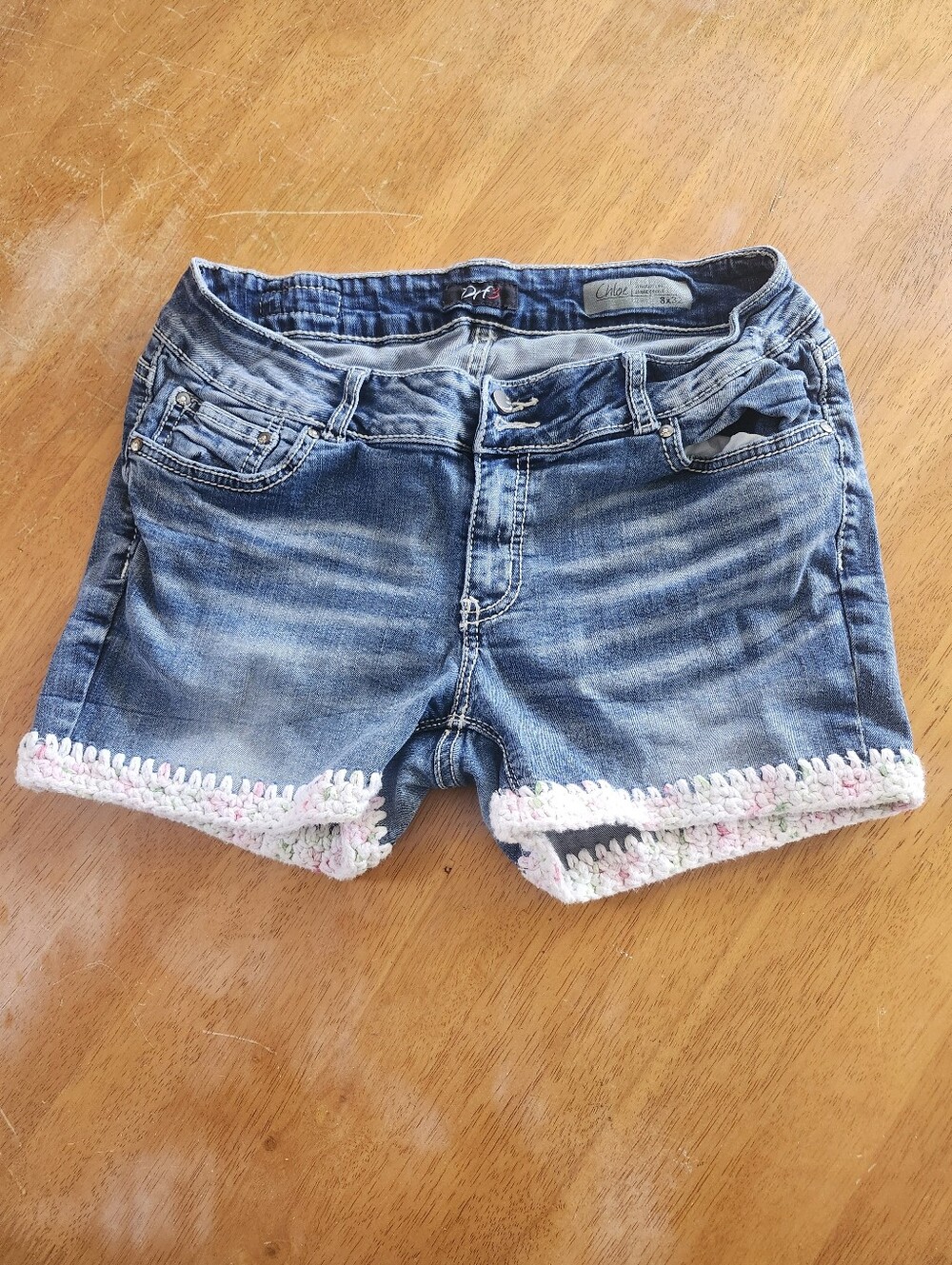 Chloe Denim Jean Shorts with Pastel Crochet Hem - Blue, Cut Off, Size 8